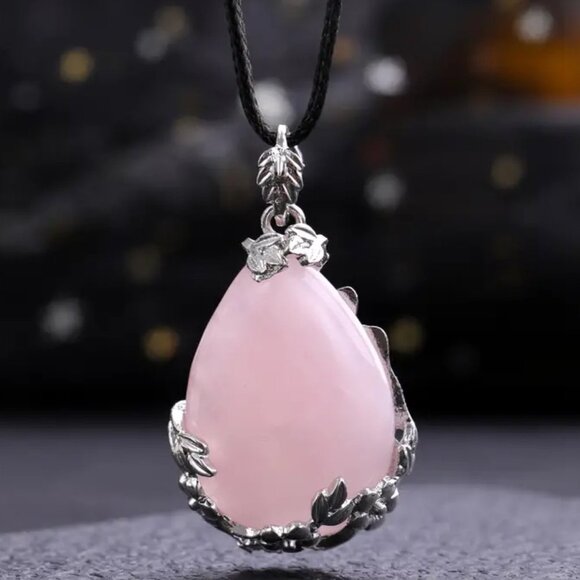 Hand Crafted Jewelry - Rose Quartz Natural Stone Drop Shaped Pendant Necklace Healing Gemstone Pendant